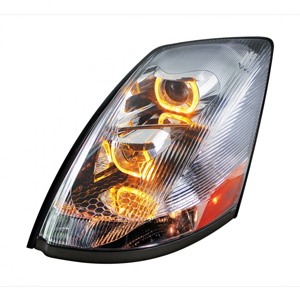 2004+ Volvo VN/VNL Chrome Projection Headlight w/ Amber LED Light Bar - Driver